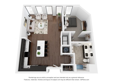 Floor plan for 1 bed, 1 bath, 966 sqft